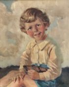 Stella Arier, Portrait of a Young Child Holding a Model Boat, oil on canvas, signed bottom right and