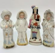 A pair of German 19thc china figures, Grandpa and Grandma, Grandpa missing his staff, (18 x 5),