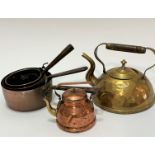 An Arts and Crafts brass beehive style teapot with treen handle, (20 x 18), a copper miniature