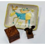 An Italian Gambone donkey decorated dish signed verso, (3 x 20 x 16) Burr Elm square box and a