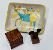 An Italian Gambone donkey decorated dish signed verso, (3 x 20 x 16) Burr Elm square box and a