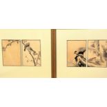 Two frames containing a pair of Chinese watercolour prints of exotic pheasant and sparrows, signed