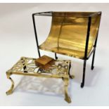 An Edwardian wrought iron and brass mounted kettle stand with curved back and scroll supports, (32 x
