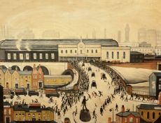 L S Lowry, The Station Approach, print in glazed gilt frame, (55 x 75)
