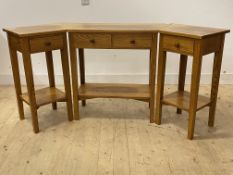 A modern bespoke blonde ash bay window side table, the central section with two drawers over an