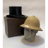 Gentleman's top hat in case by Woodrow Glasgow and a pith helmet of Spanish manufacture