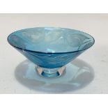 Julia Linstead (British) A blue overlay glass bowl with fish decoration, signed to base, (d:16)