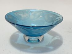 Julia Linstead (British) A blue overlay glass bowl with fish decoration, signed to base, (d:16)