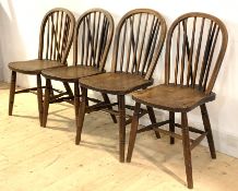 A near set of four early 20th century elm and beech Windsor type country chairs, with hoop and