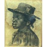 A late 19thc portrait of an Afro Caribbean girl with Straw Hat, charcoal on coloured paper, glazed