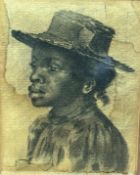 A late 19thc portrait of an Afro Caribbean girl with Straw Hat, charcoal on coloured paper, glazed