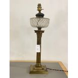 A 19th century gilt brass Corinthian column table light, converted from an oil lamp, H58cm