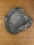 A WMF Pewter tray of Art Nouveau design, moulded as a lady reclining against a harp, with