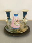 A mixed lot to include; a pair of vases with flared rims, another ceramic vase, a moulded glass bowl