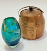 A Mdina oval blue and yellow cased glass vase, signed verso, (17 x 10), a 1930s oak biscuit barrel