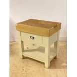 A modern butchers block type side table, the top with lift out chopping board over frieze drawer and