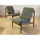Grete Jalk for France & Son, A pair of Danish teak framed lounge chairs, with swept open arms