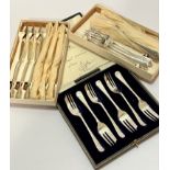 A set of six Epns pastry forks complete with fitted case, a set of six Epns fish knives and forks,