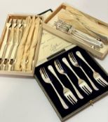 A set of six Epns pastry forks complete with fitted case, a set of six Epns fish knives and forks,