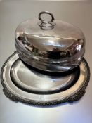 An Epns oval meat dish cover and stand with gadroon and leaf border, (25cm x 46cm x 45cm) with crest