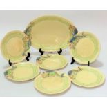 A Clarice Cliff Newport Pottery 1930s, seven piece fish service, decorated with stylised