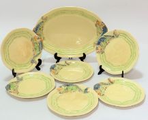 A Clarice Cliff Newport Pottery 1930s, seven piece fish service, decorated with stylised