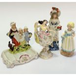 A Yardley English lavender china soap dish with figure of farmer and her children to rear, raised on