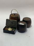 A mixed lot to include three oak barrel shaped containers, a small tin money box and a quantity of