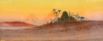 J S Elliott, (British), Egyptian Scene near Giza with Pyramids and Figures, watercolour, signed