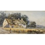 I Walker, Figure by a Thatched Cottage, watercolour, signed bottom left, gilt glazed frame, (24 x
