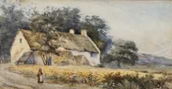 I Walker, Figure by a Thatched Cottage, watercolour, signed bottom left, gilt glazed frame, (24 x