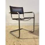 A modern bauhaus design cantilever chair, with leather sling seat and back, raised on tubular