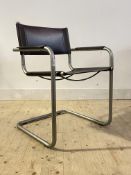 A modern bauhaus design cantilever chair, with leather sling seat and back, raised on tubular