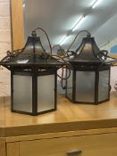 A pair of Edwardian style hammered octagonal hall lanterns of Pagoda form, one lacking ceiling rose,