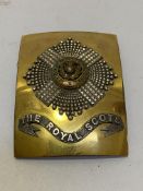 Royal Scots. Cross belt plate, cast fittings on brass belt, plate 20thc.