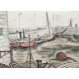 C B, Fishing Boats at Rest at Low Tide in the Harbour, charcoal drawing highlighted with crayon,