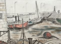 C B, Fishing Boats at Rest at Low Tide in the Harbour, charcoal drawing highlighted with crayon,