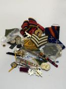 Mixed lot of modern cloth and staybright cap badges, two stable belts etc.