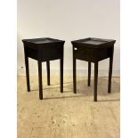 A pair of contemporary tray top bedside tables, each fitted with two drawers, raised on square