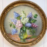 K Jensen, Still Life with Lilacs, oil on canvas board, signed bottom right, circular gilt moulded