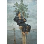 19thc School, Sailor up a Mast Binding a Tree to it, pastel sketch, gilt glazed frame, (32 x 22)