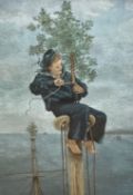 19thc School, Sailor up a Mast Binding a Tree to it, pastel sketch, gilt glazed frame, (32 x 22)