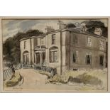 Joan Hassall (1906 - 1988) Pen and Ink highlighted with colour of a 19thc house, signed bottom