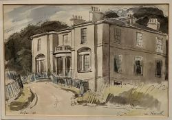 Joan Hassall (1906 - 1988) Pen and Ink highlighted with colour of a 19thc house, signed bottom