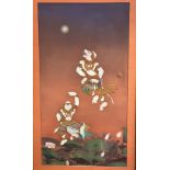 A Thai painting on canvas depicting two demon gods in a patch of lotus flowers, with moon to sky,