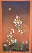 A Thai painting on canvas depicting two demon gods in a patch of lotus flowers, with moon to sky,