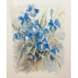 Steven Oliver, Blue Irises, print, glazed stained oak frame, (59 x 49)