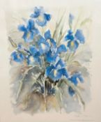 Steven Oliver, Blue Irises, print, glazed stained oak frame, (59 x 49)