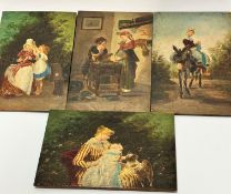 A set of four treen panels mounted with photographs and overpainted decoration depicting a young