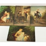 A set of four treen panels mounted with photographs and overpainted decoration depicting a young